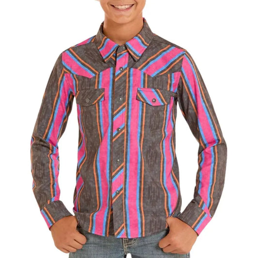 Rock & Roll Boy's Tek Ripstop Stripes Print Long Sleeve Snap Shirt - Black