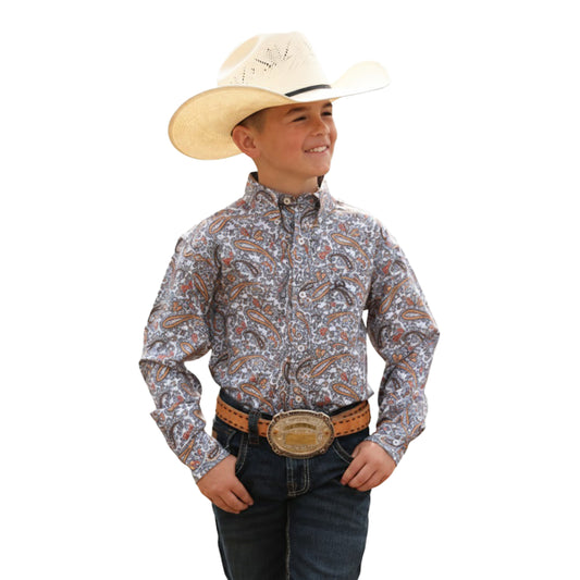 Cinch Boy's Arenaflex Print Long Sleeve Button Down Shirt - White