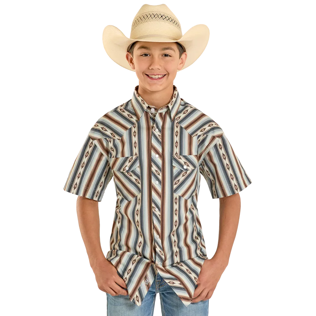Rock & Roll Boy's Serape Dale Brisby Stripe Short Sleeve Printed Snap Shirt - Dark Brown
