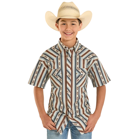 Rock & Roll Boy's Serape Dale Brisby Stripe Short Sleeve Printed Snap Shirt - Dark Brown