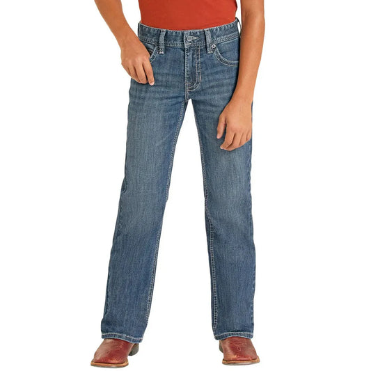 Rock & Roll Boy's Barbed Embroidered Pocket 2 Toned Pleather Bootcut Jeans - Medium Wash