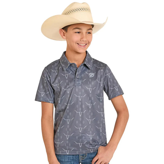 Rock & Roll Boy's  Longhorn/Steer Skull Printed Mesh Polo Short Sleeve Shirt - Charcoal