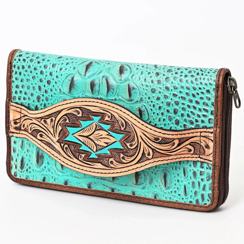 American Darling Leather Western Crocodile Embossed Hand Tooled Wallet Bag