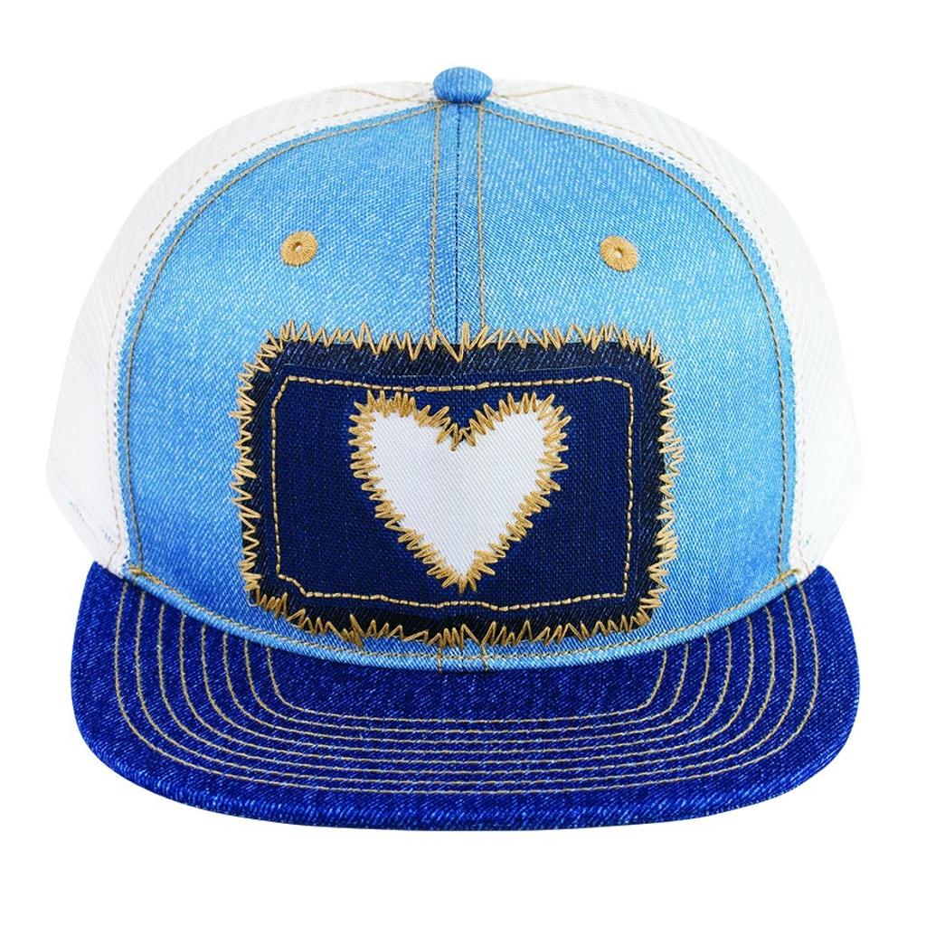 Catchfly Women's Flat Bill Denim with White Heart Baseball Cap - Blue/Light Blue/White