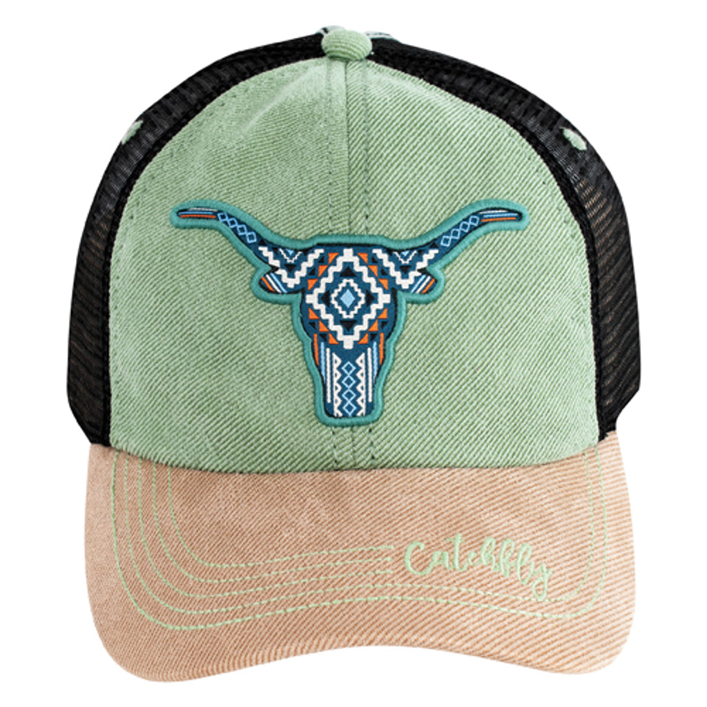Catchfly Women's Southwestern Steer Baseball Cap - Sage/Tan/Black
