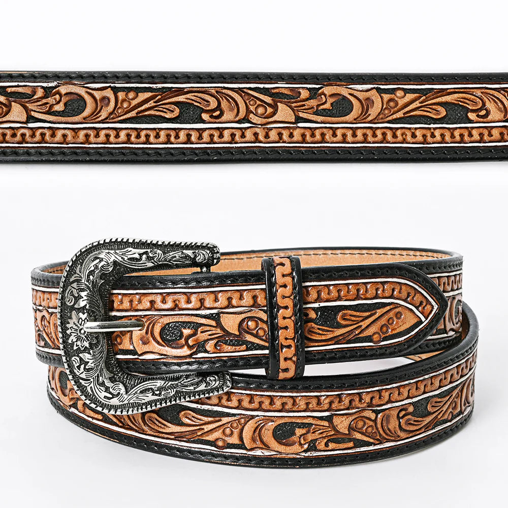 American Darling Western Tooled Leather Belt with Scrollwork & Silver Buckle - Black/Tan
