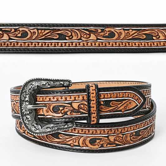 American Darling Western Tooled Leather Belt with Scrollwork & Silver Buckle - Black/Tan