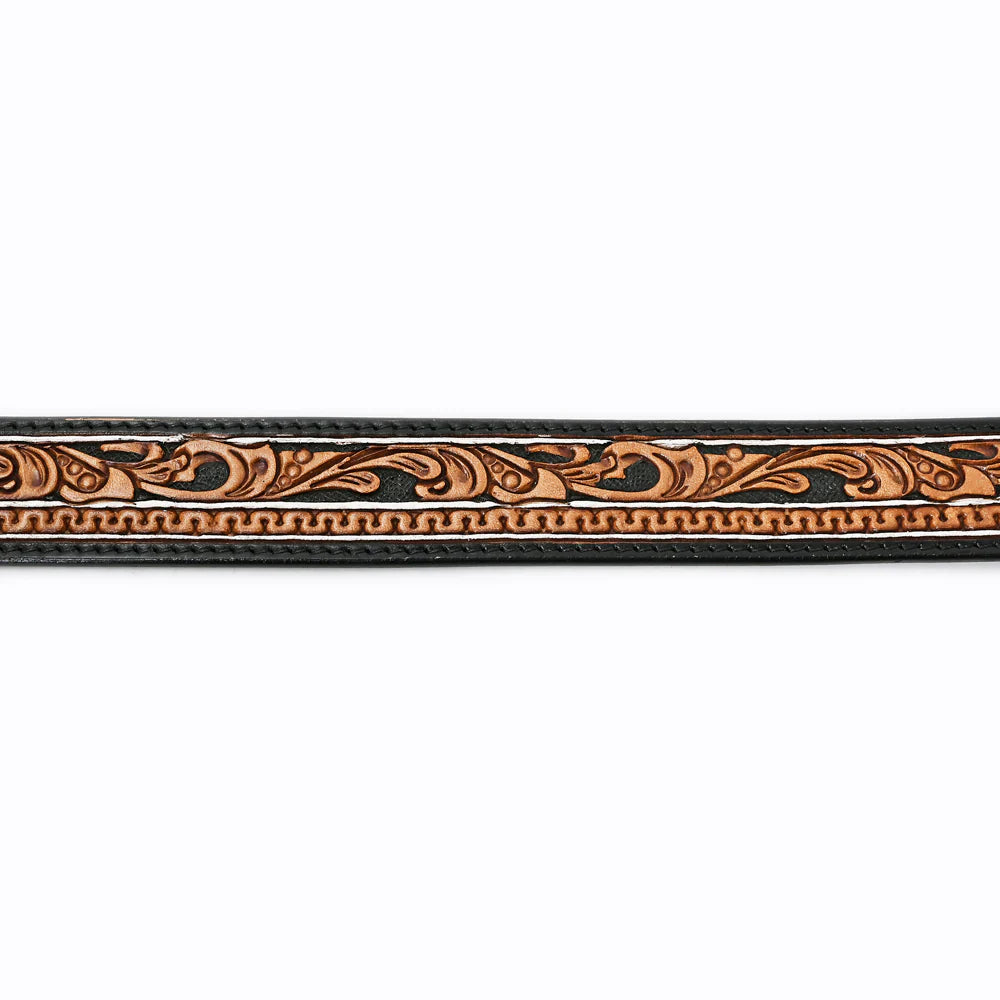 American Darling Western Tooled Leather Belt with Scrollwork & Silver Buckle - Black/Tan