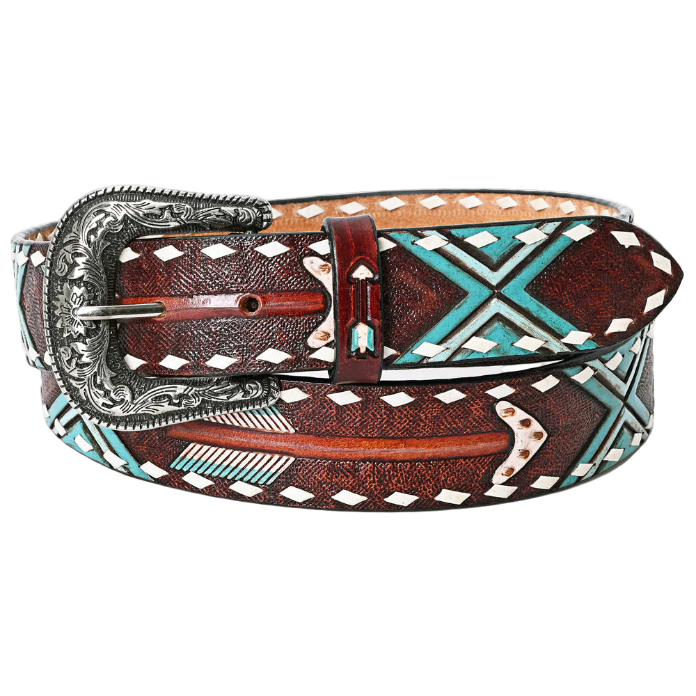 American Darling Hand Tooled Arrow & Tribal Pattern Western Leather Belt - Rustic Brown/Turquoise