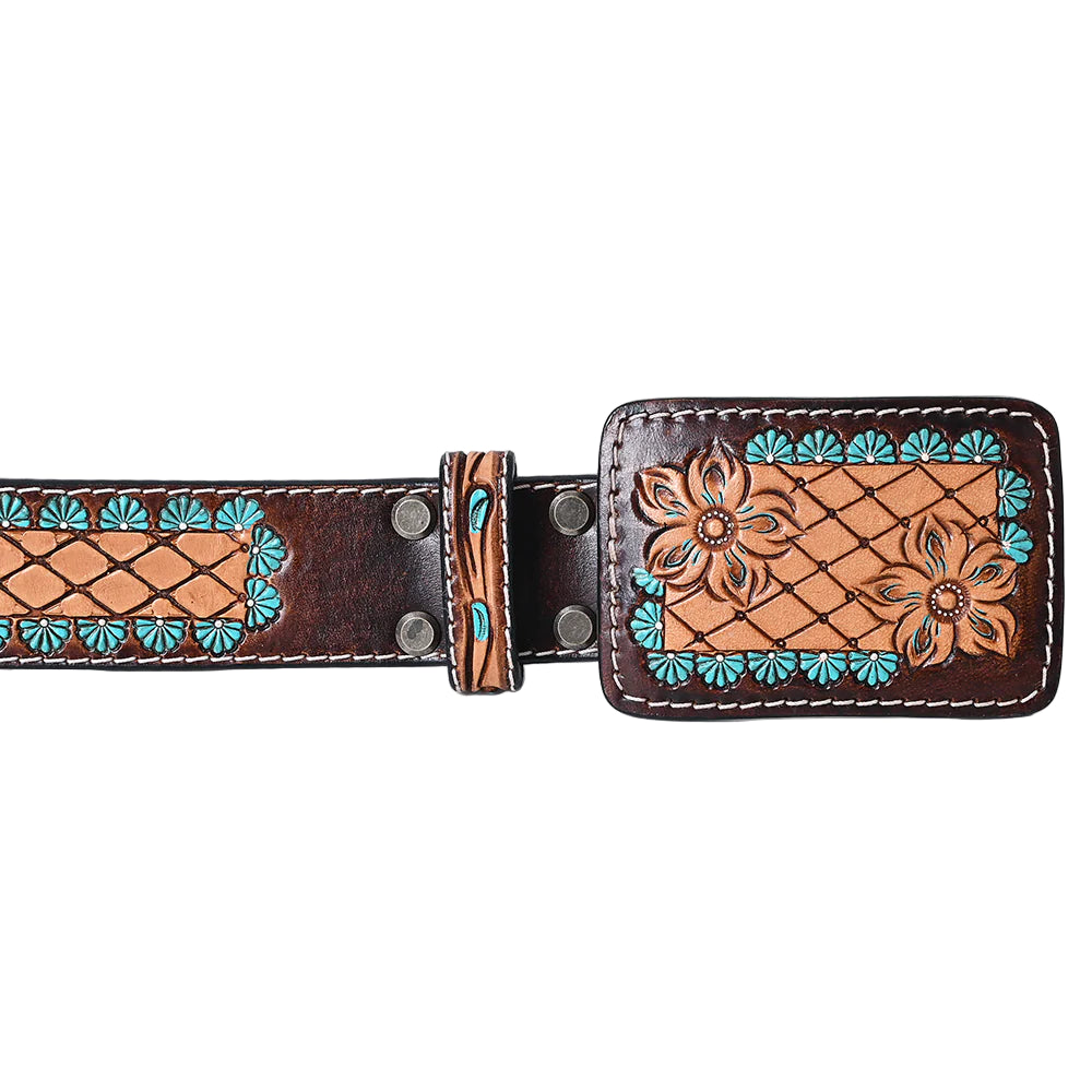 American Darling Tooled Leather Western - Lattice Pattern Belt - Tan/Brown