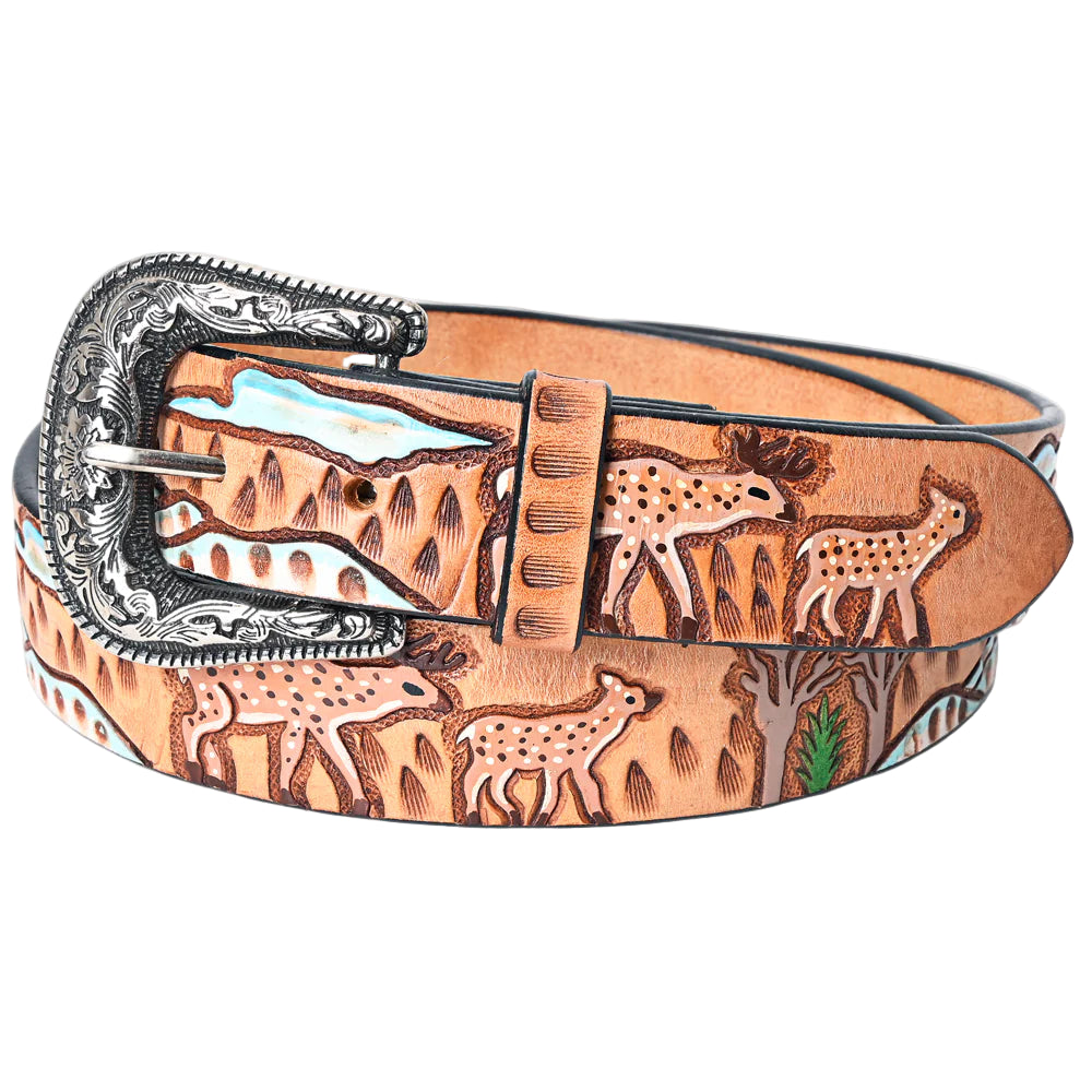 American Darling Tooled Leather Western Belt - Deer & Wilderness Landscape - Tan