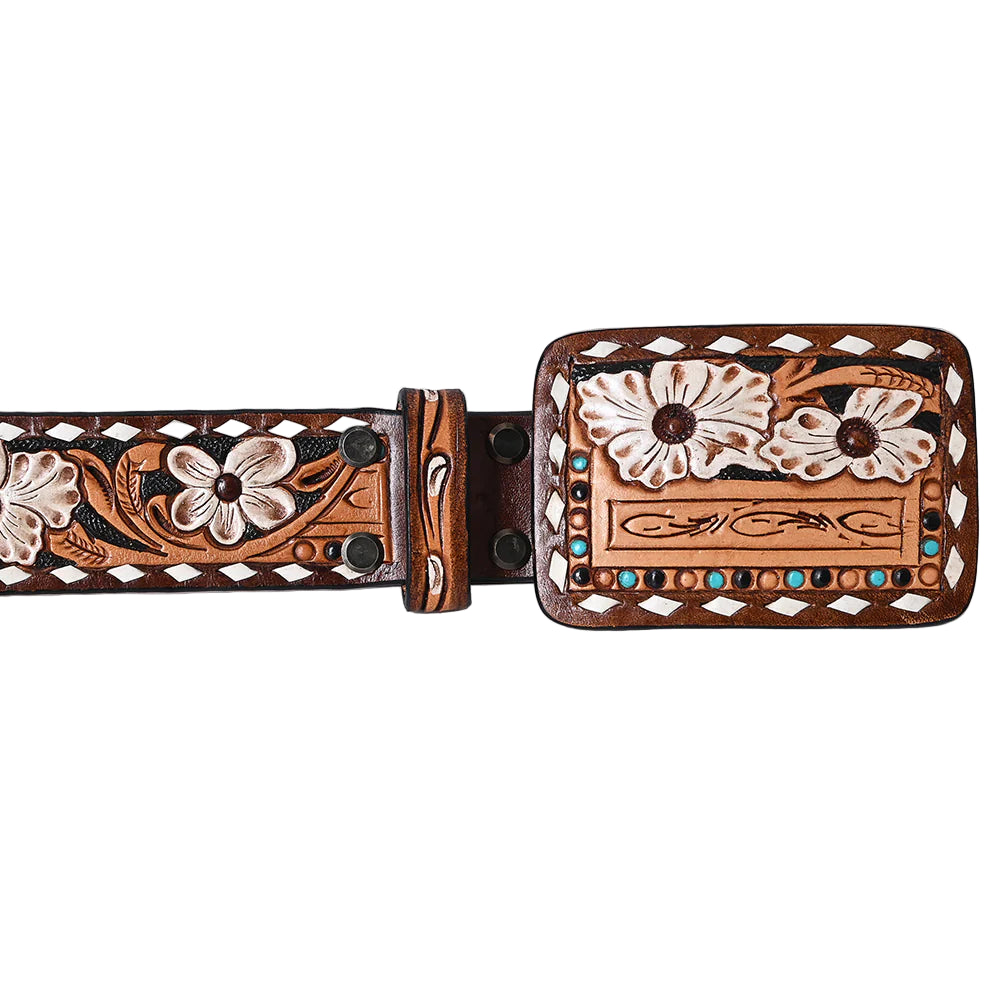 American Darling Hand Tooled Leather Western Belt - White Floral with Turquoise Studs  - Tan