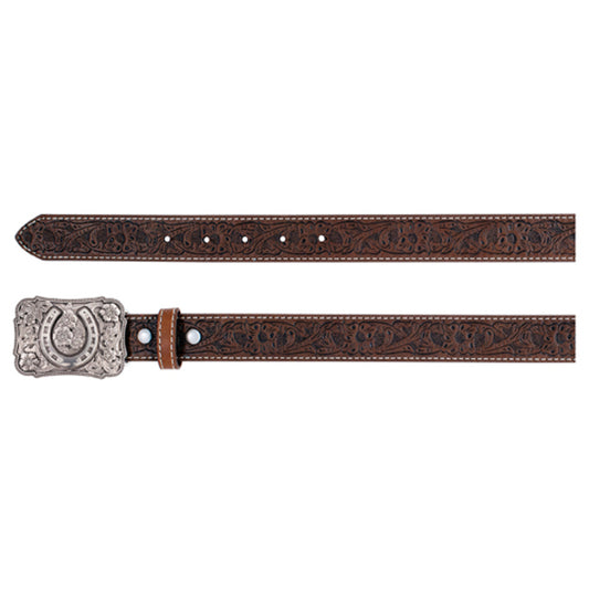 Catchfly Women's Rhinestone Horseshoe Buckle & Floral Tooled Pattern Belt - Brown