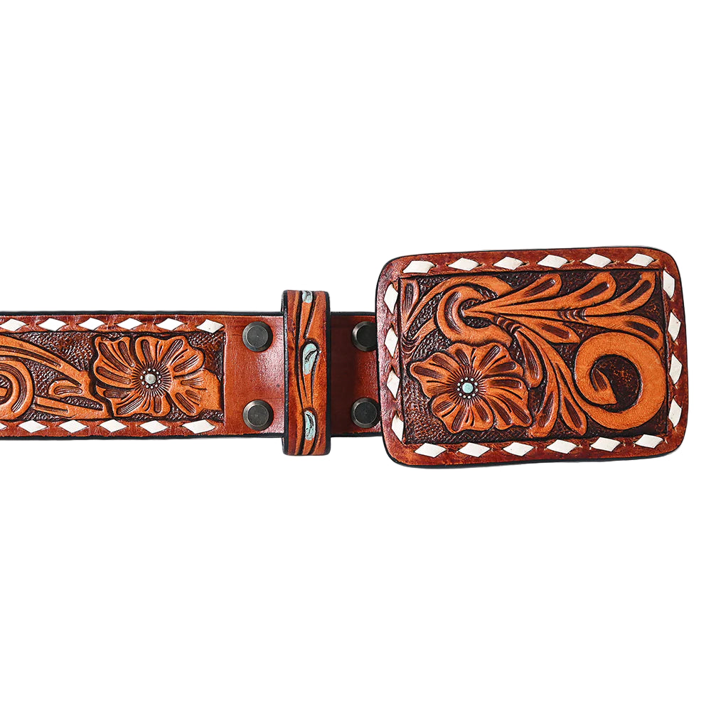 American Darling Hand Tooled Western Leather Belt Floral Swirl with White Diamond Border - Brown