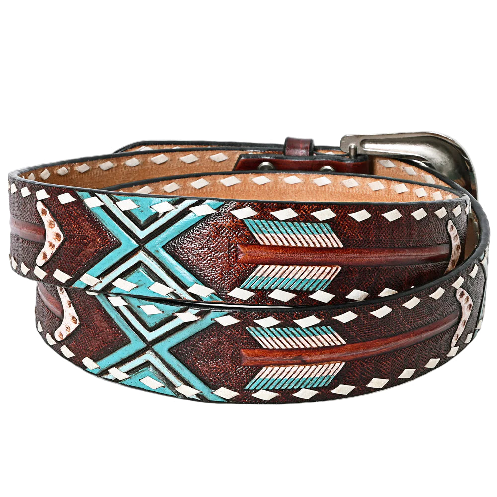 American Darling Hand Tooled Arrow & Tribal Pattern Western Leather Belt - Rustic Brown/Turquoise