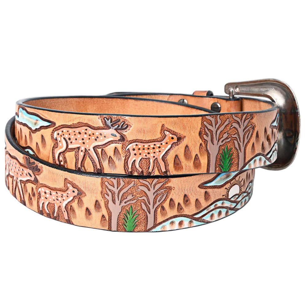 American Darling Tooled Leather Western Belt - Deer & Wilderness Landscape - Tan