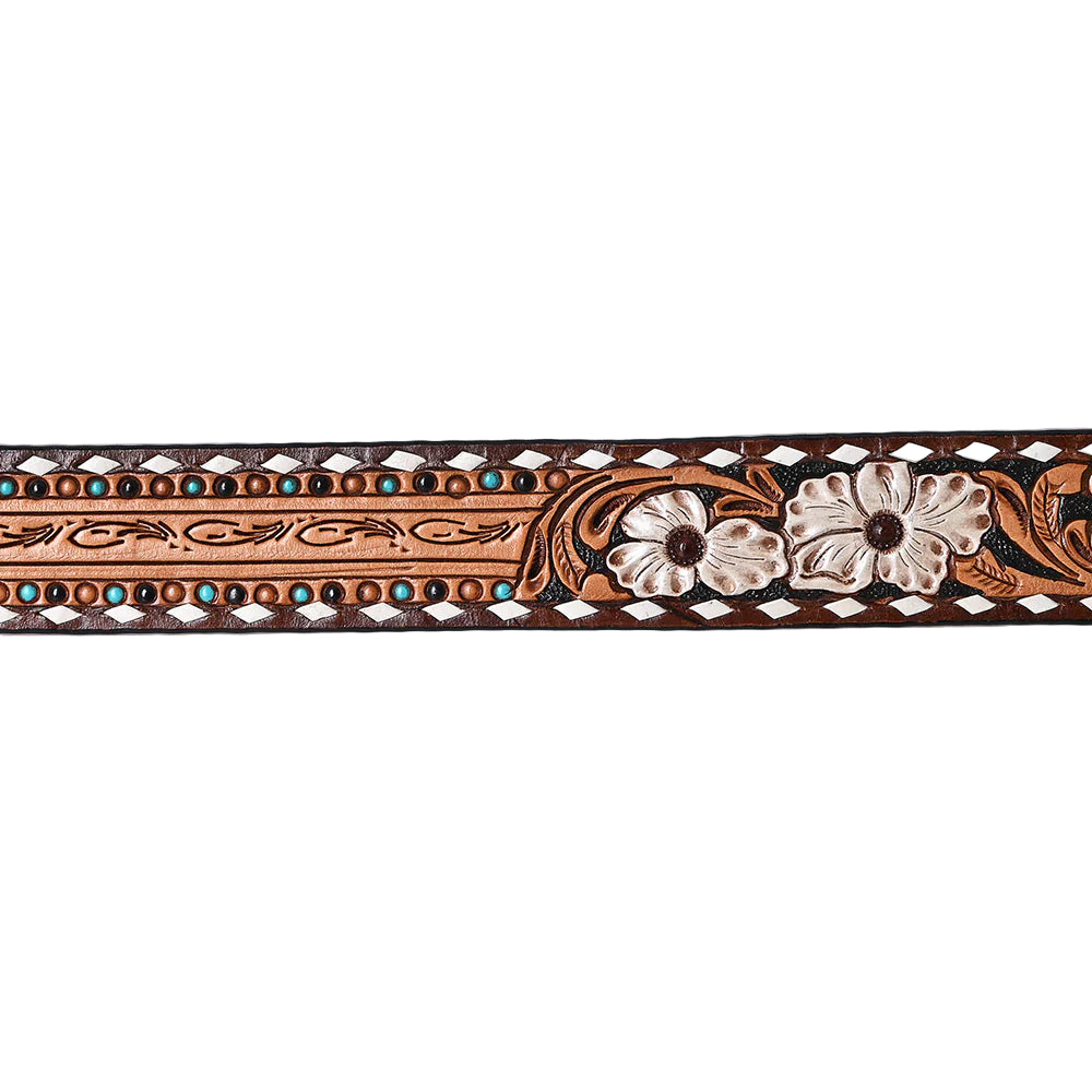American Darling Hand Tooled Leather Western Belt - White Floral with Turquoise Studs  - Tan