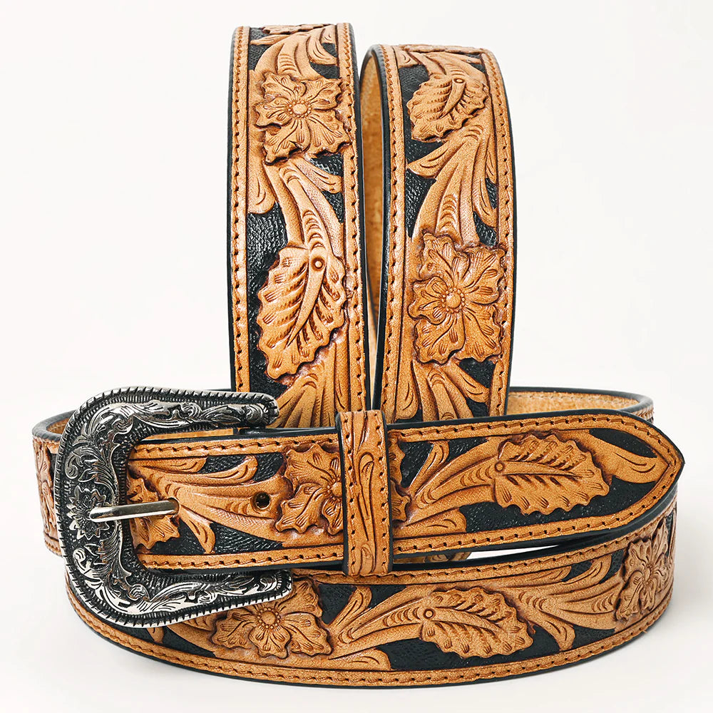 American Darling Unisex Hand Tooled w/Silver Buckle Western Belt - Black/Tan