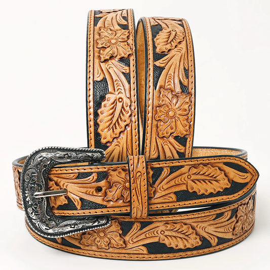 American Darling Unisex Hand Tooled w/Silver Buckle Western Belt - Black/Tan