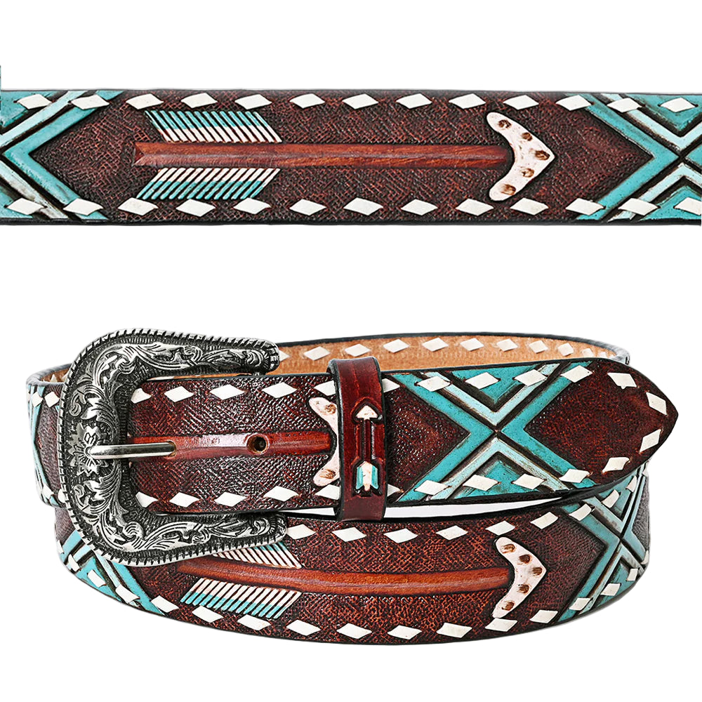 American Darling Hand Tooled Arrow & Tribal Pattern Western Leather Belt - Rustic Brown/Turquoise