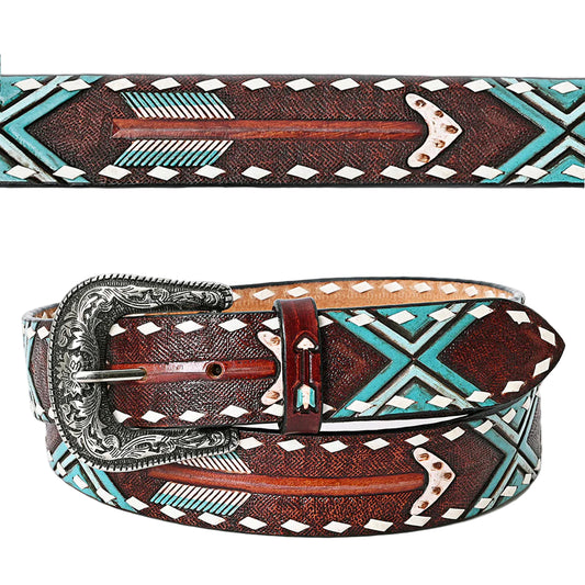 American Darling Hand Tooled Arrow & Tribal Pattern Western Leather Belt - Rustic Brown/Turquoise