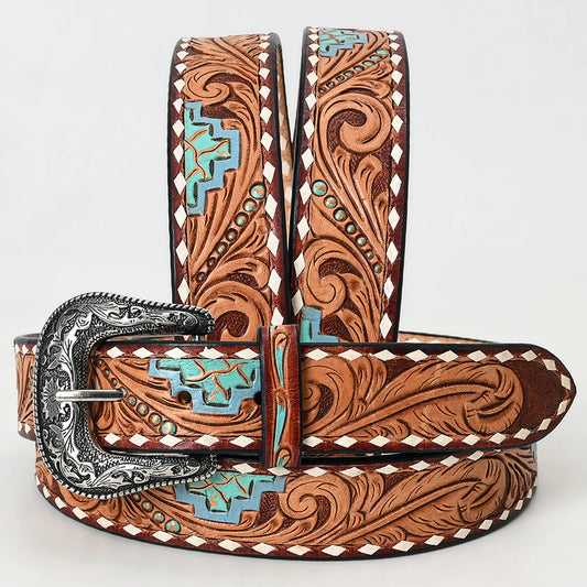 American Darling Unisex Aztec Tooled & Whipstitch Engraved Buckle Western Belt - Tan/Turquoise