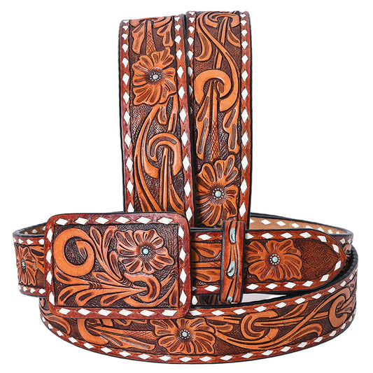 American Darling Hand Tooled Western Leather Belt Floral Swirl with White Diamond Border - Brown