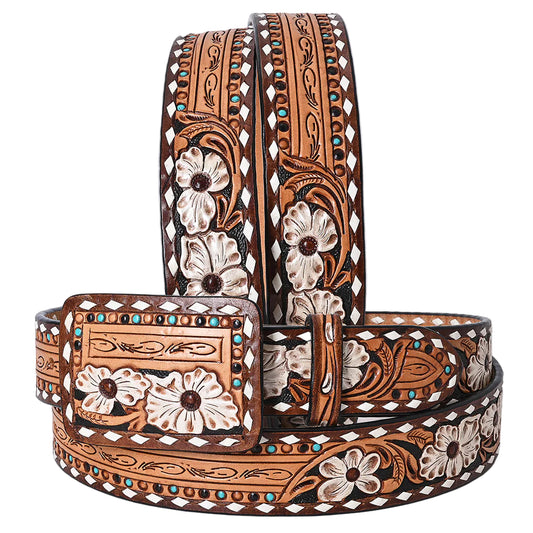 American Darling Hand Tooled Leather Western Belt - White Floral with Turquoise Studs  - Tan