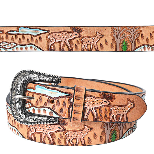 American Darling Tooled Leather Western Belt - Deer & Wilderness Landscape - Tan