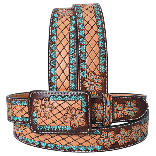 American Darling Tooled Leather Western - Lattice Pattern Belt - Tan/Brown