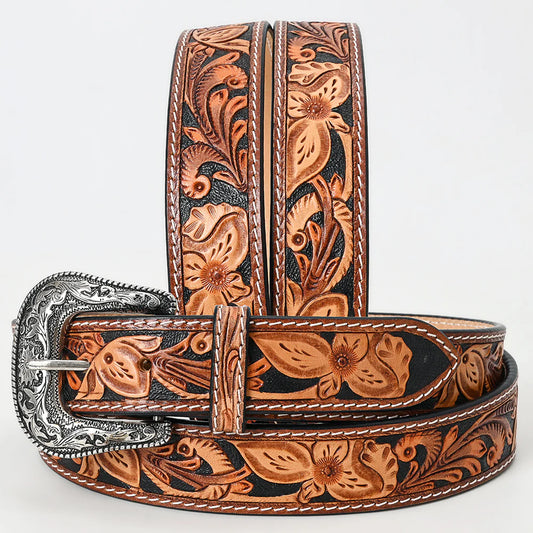 American Darling Unisex Floral Tooled w/Contrast Stitching Silver Buckle Belt - Black/Tan