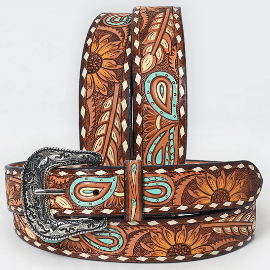 American Darling Unisex Sunflower & Paisley Accent Tooled Western Belt - Brown/Turquoise
