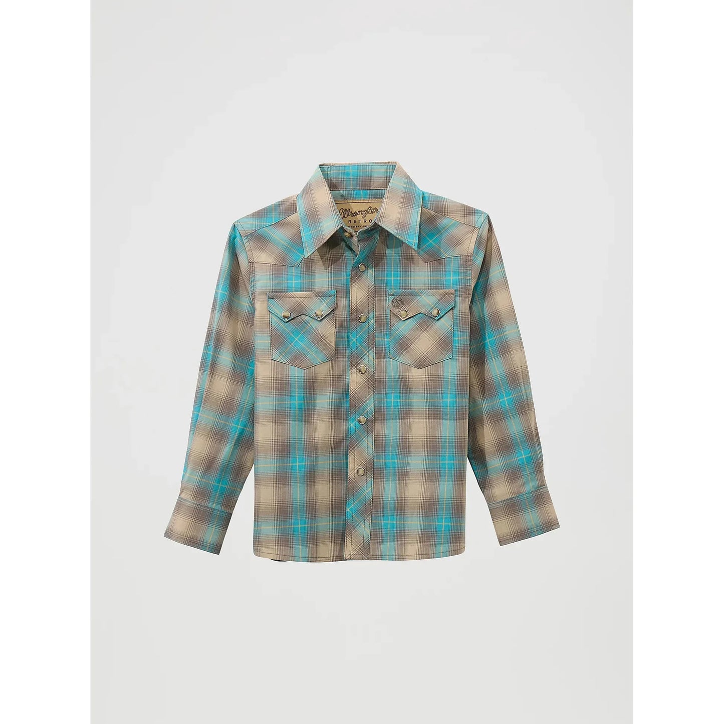 Wrangler Boy's Wrangler Retro Western Snap Plaid Long Sleeve Shirt - Tan/Aqua