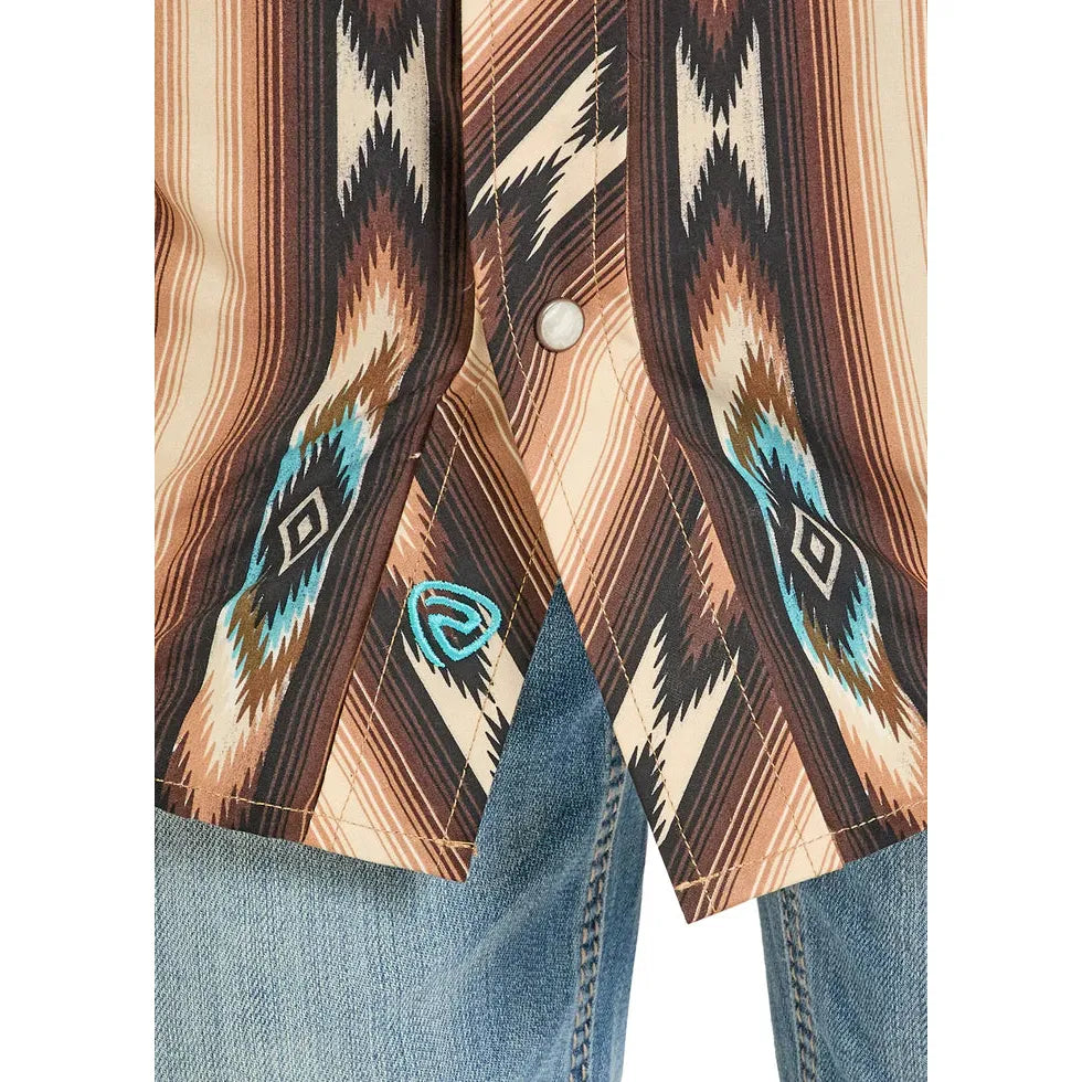 Rock & Roll Boy's Aztec Stripe Printed Long Sleeve Snap Shirt - Dark Brown