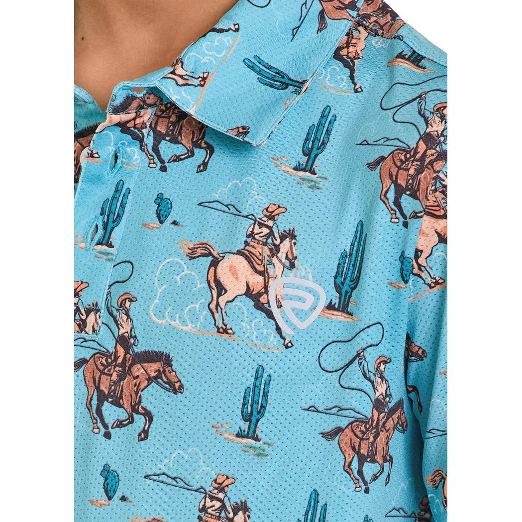 Rock & Roll Boy's Novelty Print Wild West Cowboy Short Sleeve Polo Shirt - Peacock