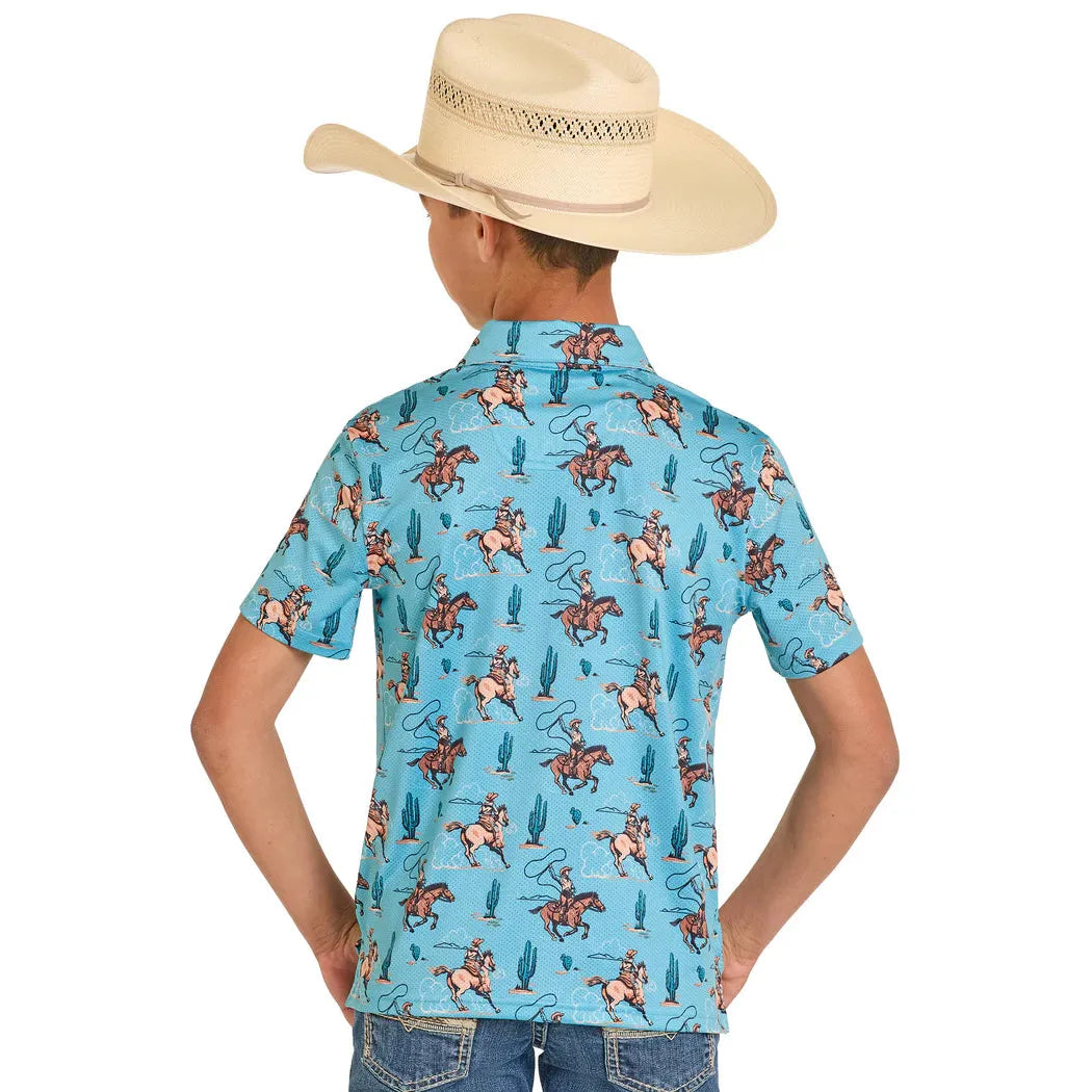 Rock & Roll Boy's Novelty Print Wild West Cowboy Short Sleeve Polo Shirt - Peacock