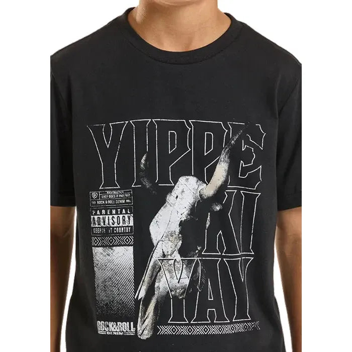 Rock & Roll Boy's Yippe Ki Yay Skull Graphic Tee Shirt - Black