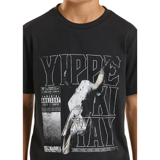 Rock & Roll Boy's Yippe Ki Yay Skull Graphic Tee Shirt - Black