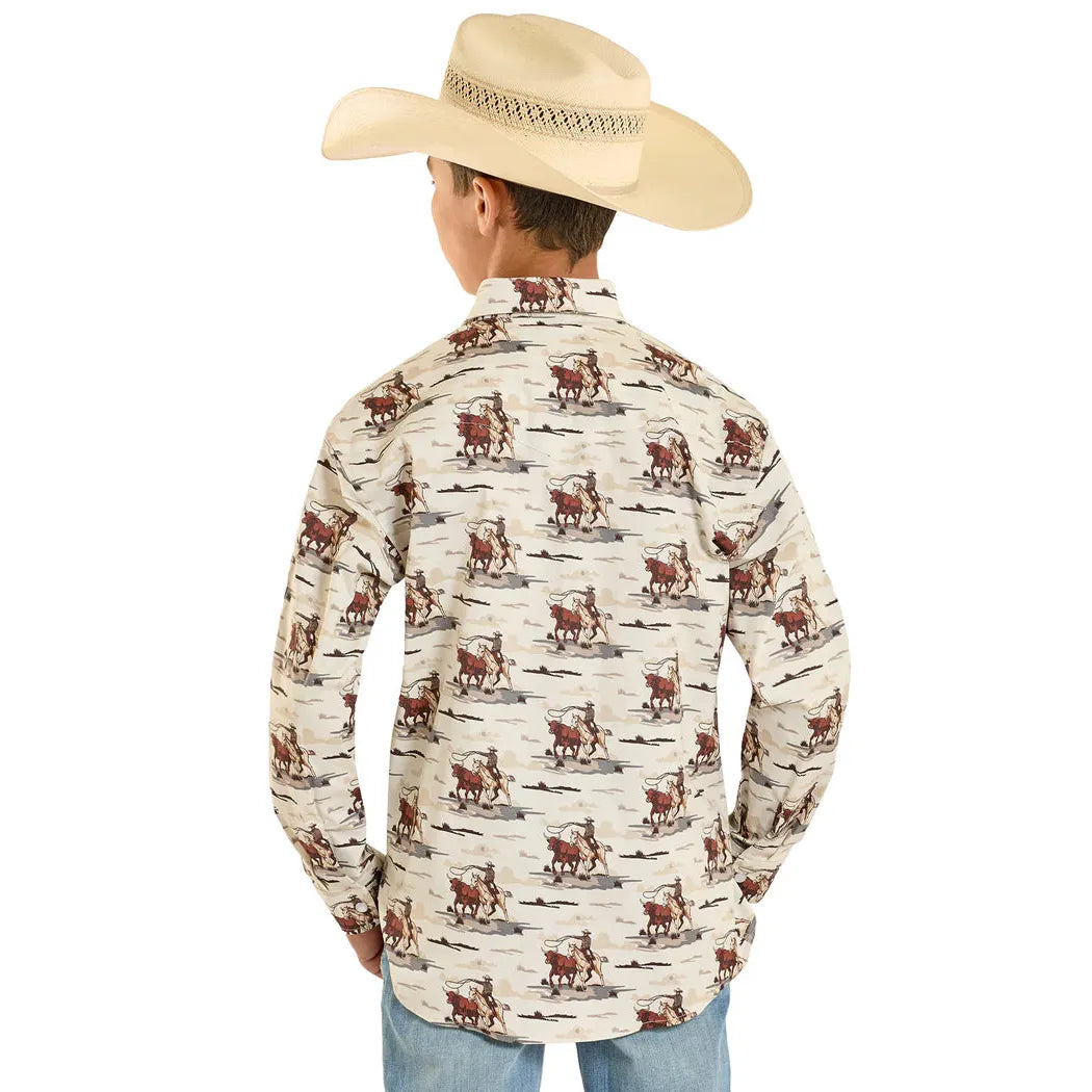 Rock & Roll Boy's Novelty Cowboy Print Long Sleeve Snap Shirt - Dark Brown