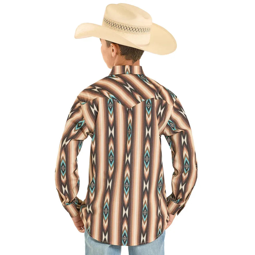 Rock & Roll Boy's Aztec Stripe Printed Long Sleeve Snap Shirt - Dark Brown