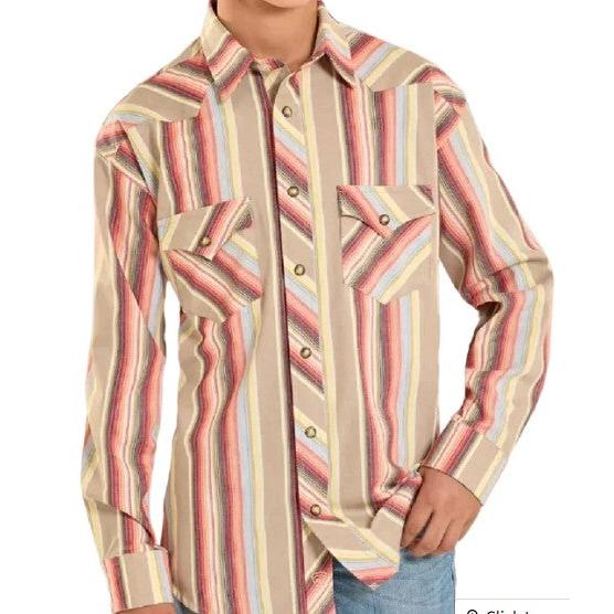 Rock & Roll Boy's Vintage Stripe Long Sleeve Snap Shirt - Dark Brown