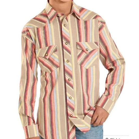 Rock & Roll Boy's Vintage Stripe Long Sleeve Snap Shirt - Dark Brown