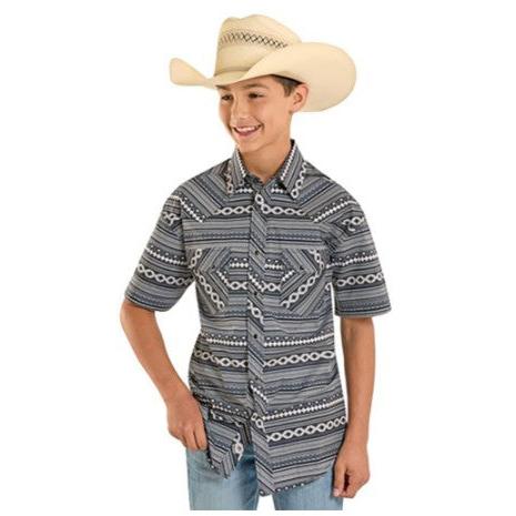 Rock & Roll Boy's Aztec Print Short Sleeve Snap Shirt - Black