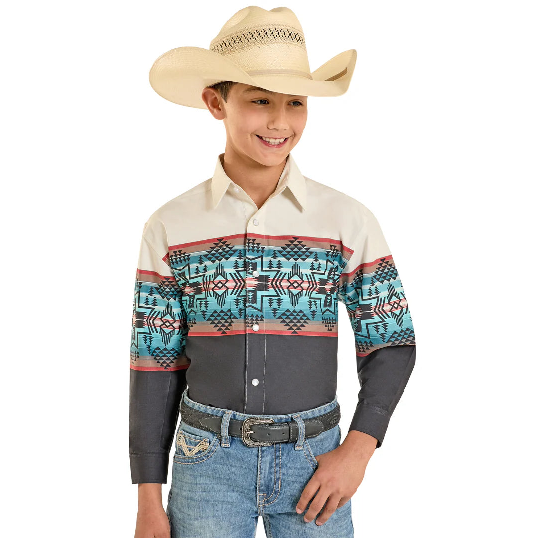 Rock & Roll Boy's Long Sleeve Snap Borders Shirt - Tan