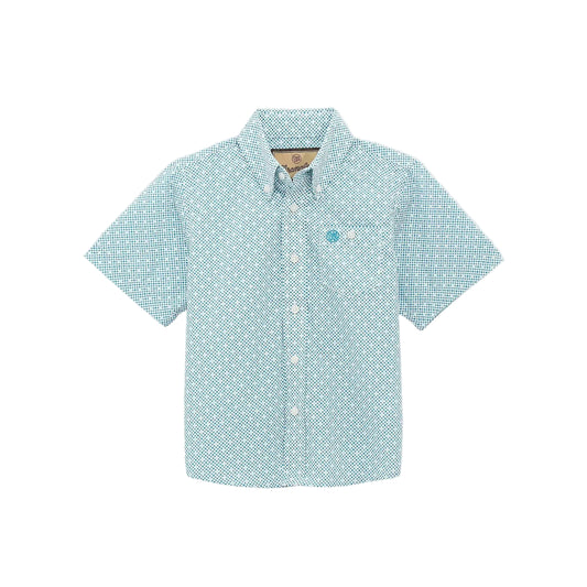 Wrangler® Boy's Classic Short Sleeve Button Down Print Shirt - Teal Geo