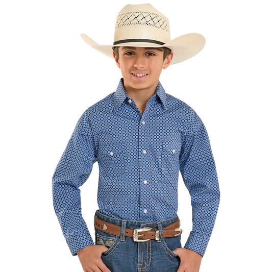 Panhandle Boy's Rough Stock Geo Print Long Sleeve 2 Pocket Snap Shirt - Blue