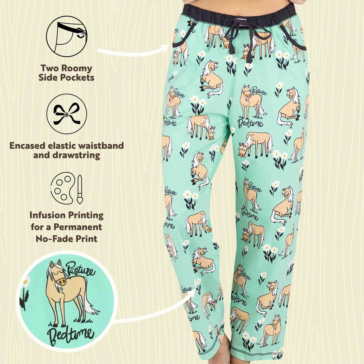 Lazy One Women's Pasture Bedtime Horse Regular Fit PJ Pant - Ice Green
