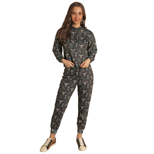 Range by RR Womens Longhorn and Cactus Hoodie - Black