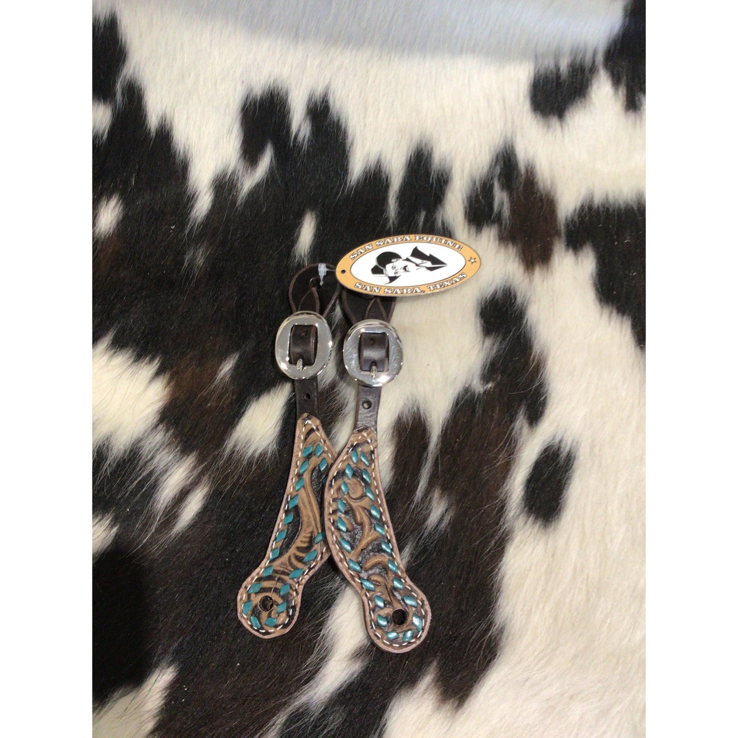 San Saba Chocolate Youth Shaped Spur Strap W/Buckstitch on Floral