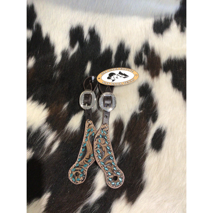 San Saba Chocolate Youth Shaped Spur Strap W/Buckstitch on Floral